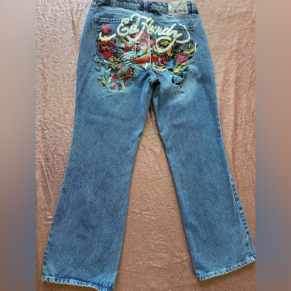 Ed Hardy Baggy Jeans Light Wash Sz 30 Full Print Back Side Y2K 90s Vibes, Rare - Picture 1 of 12